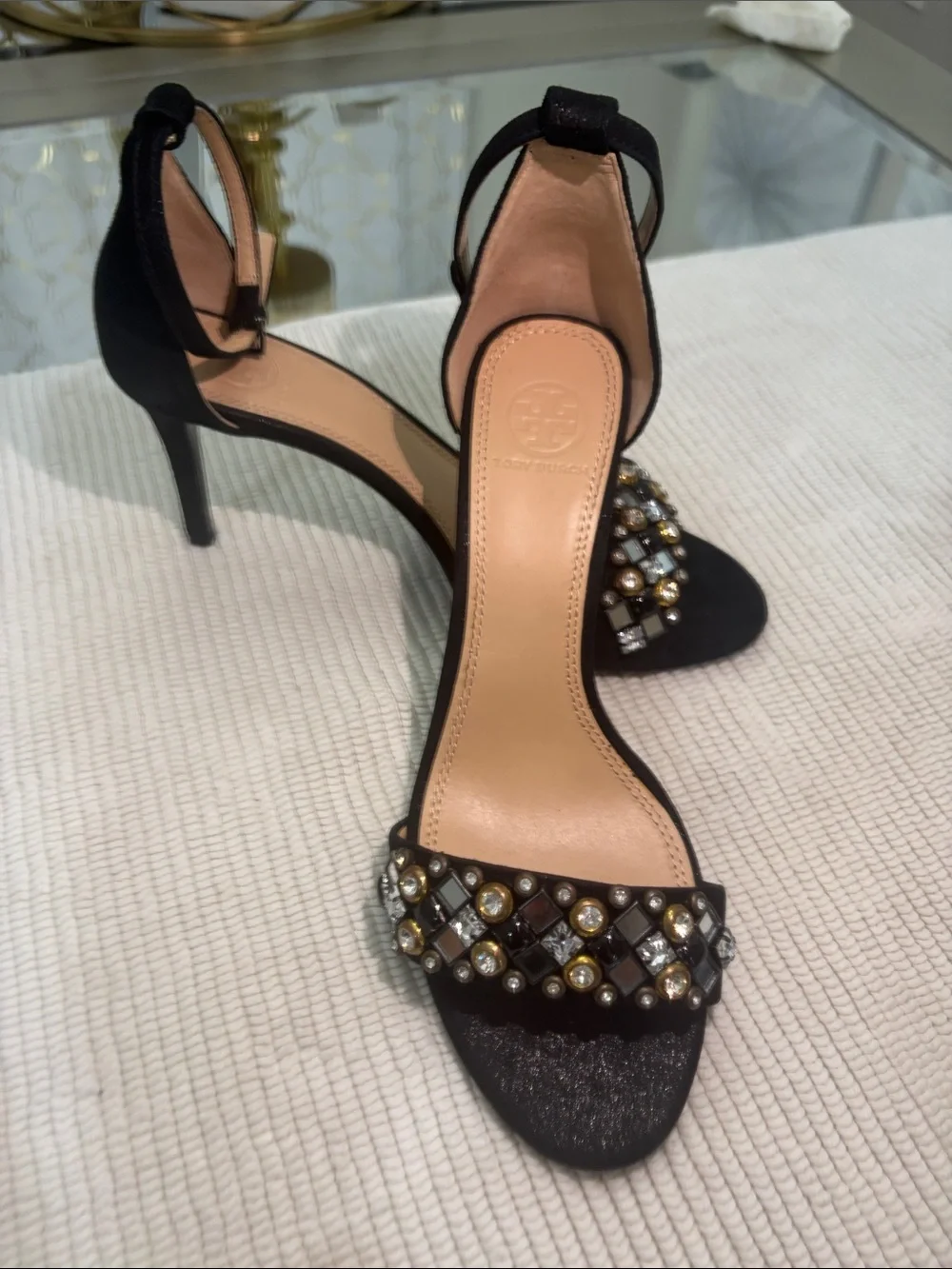Tory Burch Black Jeweled Ankle-Strap Heels